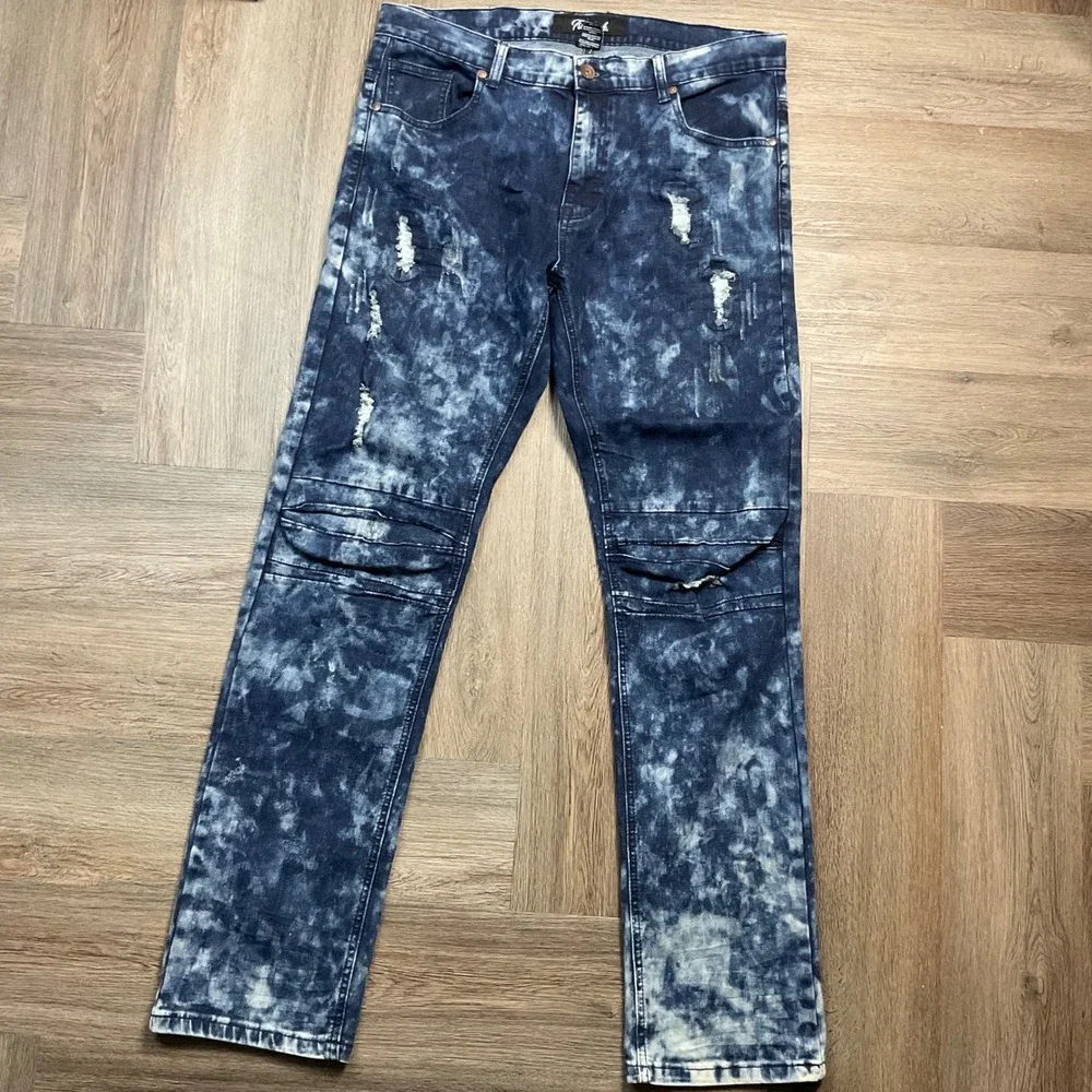 True‎ Luck Jeans Mens 36x34 Blue Distressed Acid Wash Slim Fit Moto Biker Denim - Picture 3 of 11